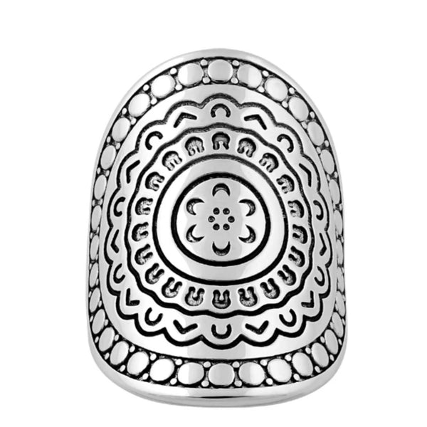 Solid 925 Sterling Silver Boho Floral Enchanted Shield Ring Size 6 New