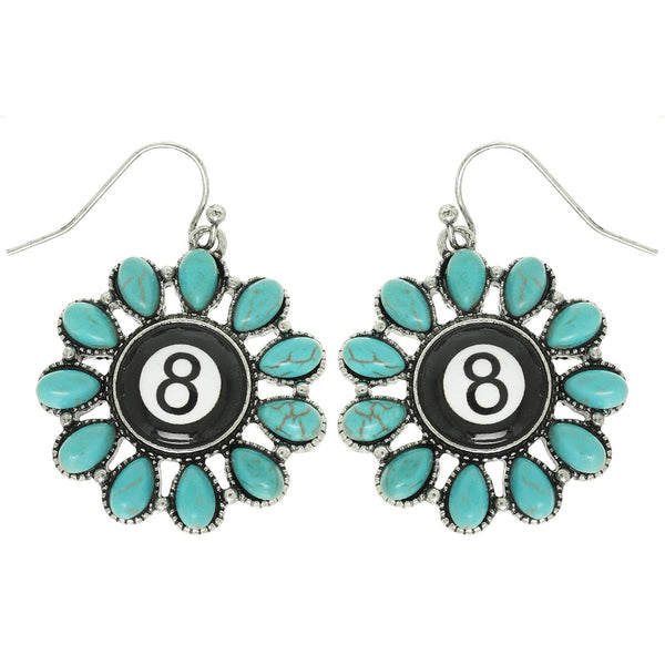 Western Turquoise Billiard 8 Ball Concho Dangle Earrings