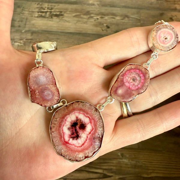 Vibrant Pink Druzy Solar Agate Quartz Gemstone Silver Boho Necklace New