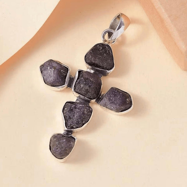 Artisan Crafted Rough Cut Moroccan Ruby 23.15 ctw Cross Pendant Silver Necklace