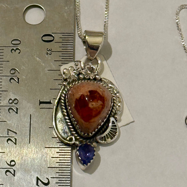 Southwestern Mexican Fire Opal Tanzanite Pendant Necklace Sterling Silver New
