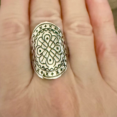 Solid Sterling Silver Bohemian Floral Dome Shield Ring Size 7 New