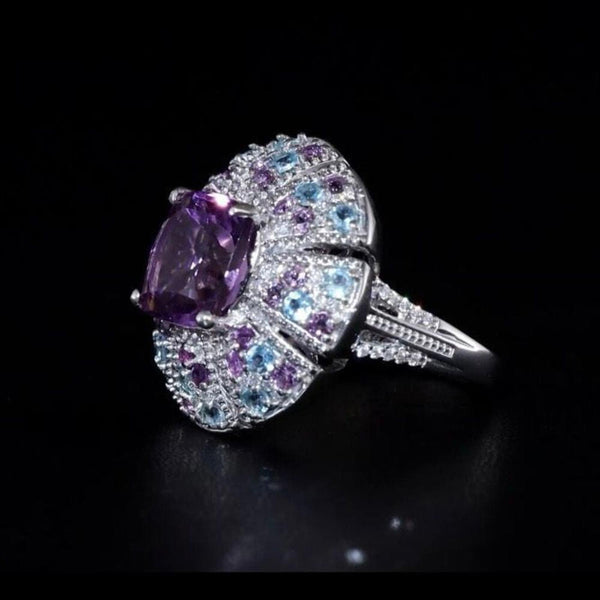 Amethyst Moissanite Multi Gemstone 5.85 ctw Floral Ring Sterling Silver Size 7
