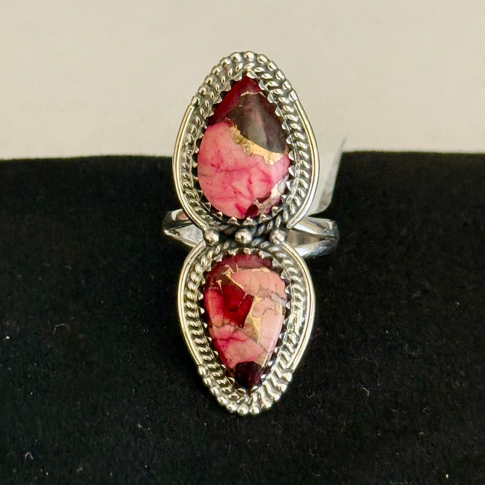 Southwestern Pink Rose Dahlia Turquoise Teardrop Statement Ring Sterling Silver