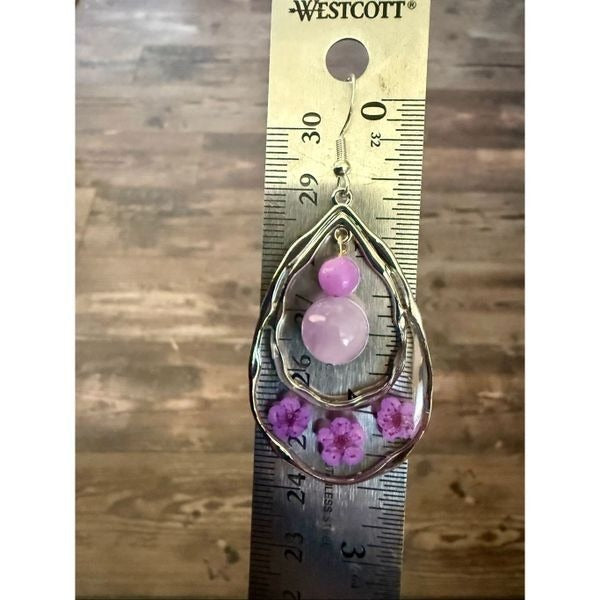 Handmade Pressed Flower & Purple Jade Teardrop Earrings