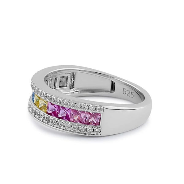 Sterling Silver Multicolor Rainbow CZ Band Ring