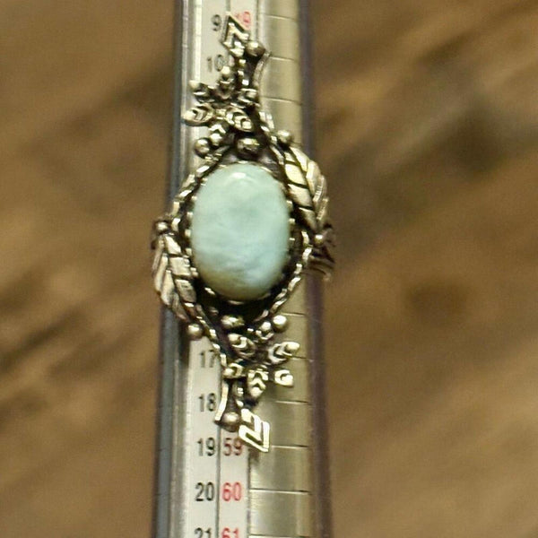 Vintage Style Larimar Sterling Silver Statement Ring m Filigree Leaf Design Sz 7