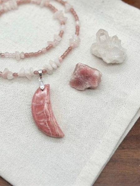 Vintage Pink Rhodochrosite Crescent Moon Pendant Necklace Crystal Chip Beaded