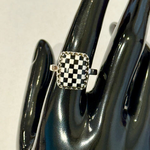 Trendy Southwest Onyx & Mother Of Pearl Checkerboard Sterling Silver Boho Ring