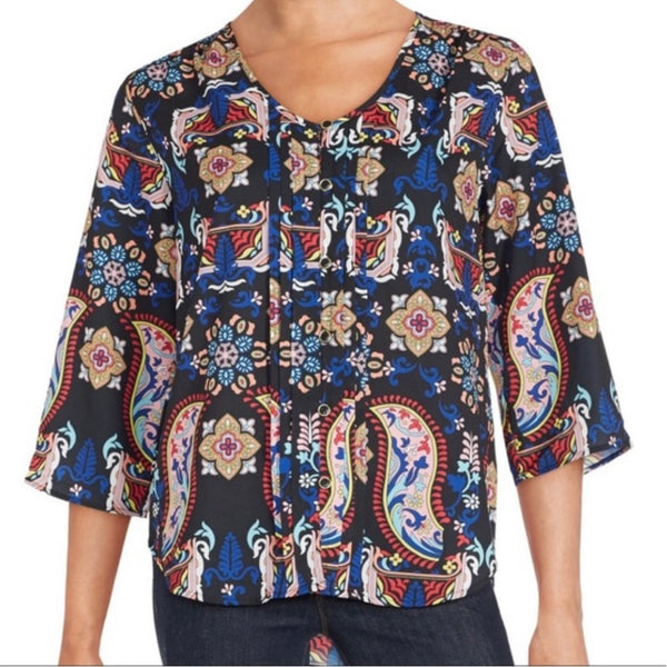 Yumi Kim Lizzie Black Scroll Mandala Print Blouse Womens Casual Roll Sleeve Top