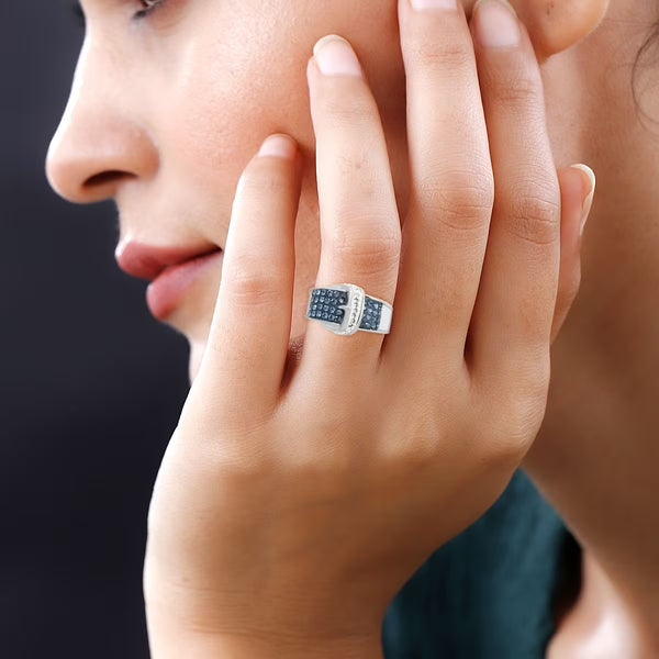 Blue and White Austrian Crystal Buckle Silver Fashion Ring Casual Boho New