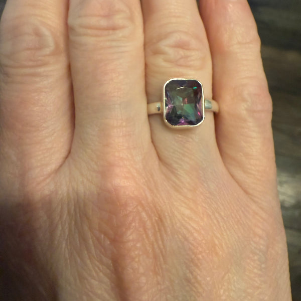 Genuine 2.5ct Mystic Rainbow Topaz Emerald Cut 925 Sterling Silver Ring Size 6 New