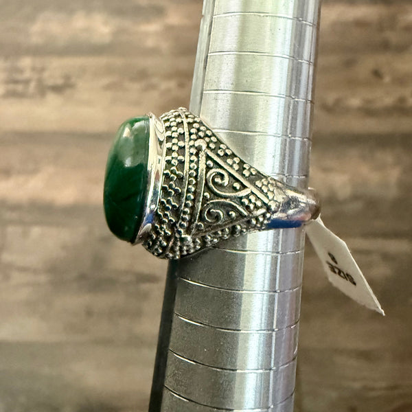 Natural Malachite Bali Style Ring 925 Sterling Silver Oval Cabochon Size 8 New