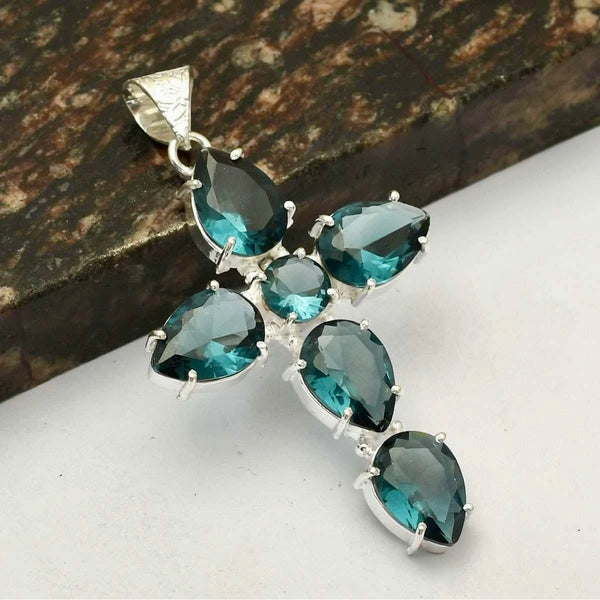 London Blue Topaz CZ Cross Necklace Pendant Large Faceted Teardrop New