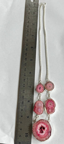 Vibrant Pink Druzy Solar Agate Quartz Gemstone Silver Boho Necklace New