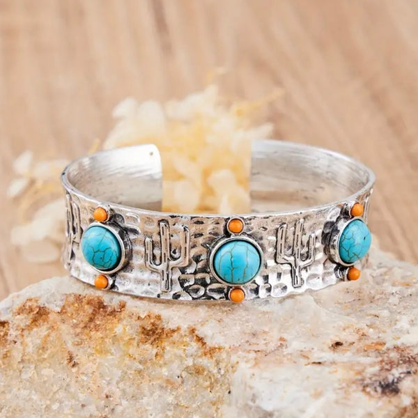Desert Cactus Silver Bracelet Womens Casual Western Cuff New