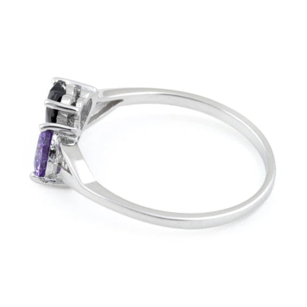 Sterling Silver Double Heart Violet & Black CZ Ring