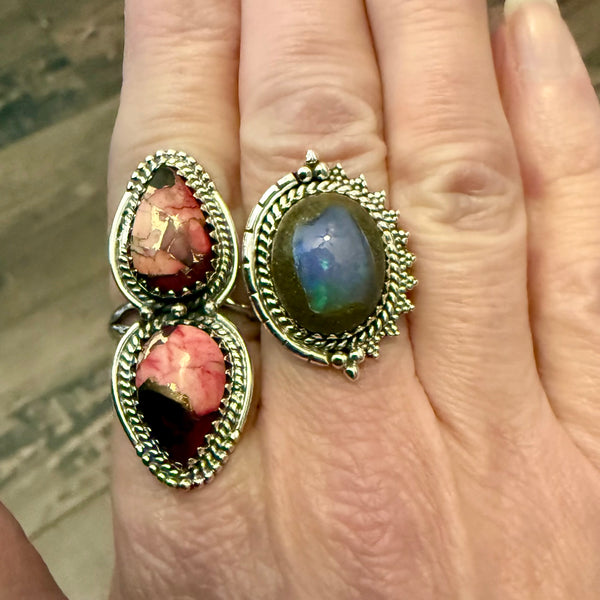 Southwestern Pink Rose Dahlia Turquoise Teardrop Statement Ring Sterling Silver