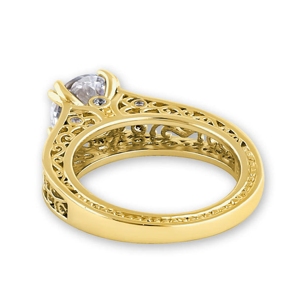 Gold Vermeil Vine Filigree Round Cut Clear CZ Solitaire Engagement Ring Size 6