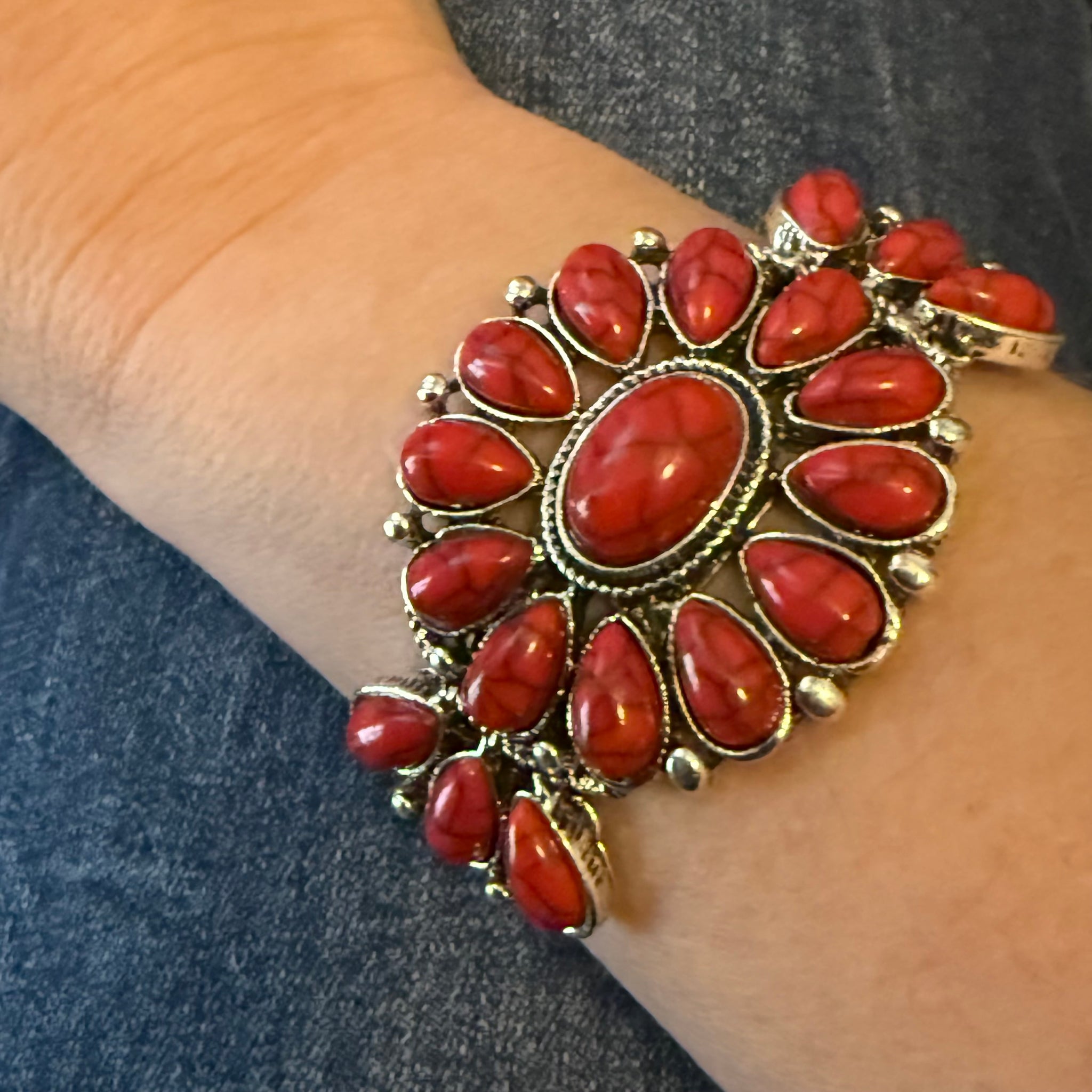 Red Concho Southwest Adjustable Cuff Bracelet Womens Casual Western Accessory