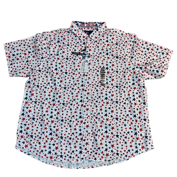 Men's Sz 2XL Shirt Button Up Red White & Blue Patriotic Star Casual Top New