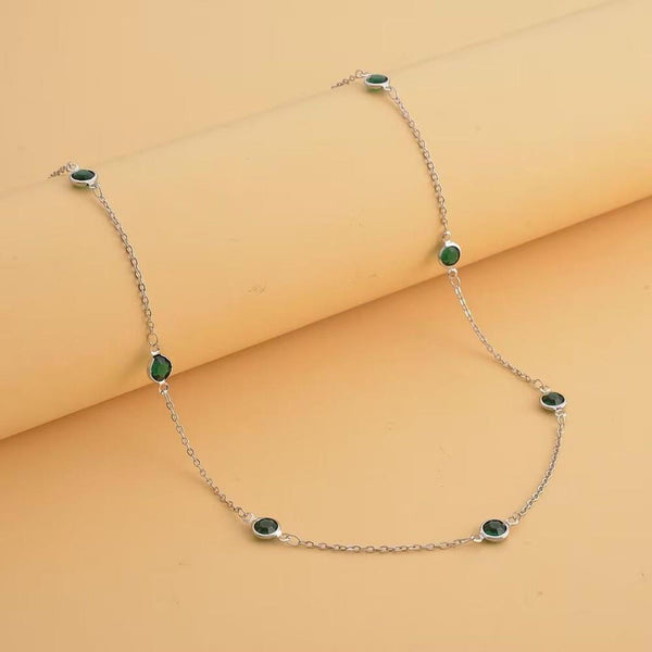 Dainty Green Glass Bead Station Necklace - Adjustable Length - Minimalist Style