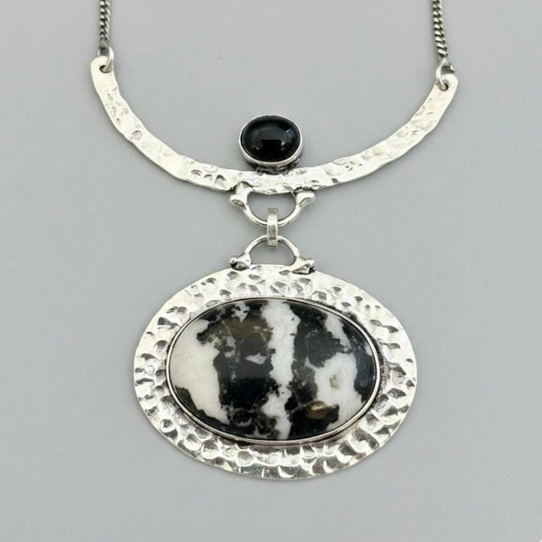 White Buffalo Turquoise & Black Onyx Statement Hammered Necklace Boho Western