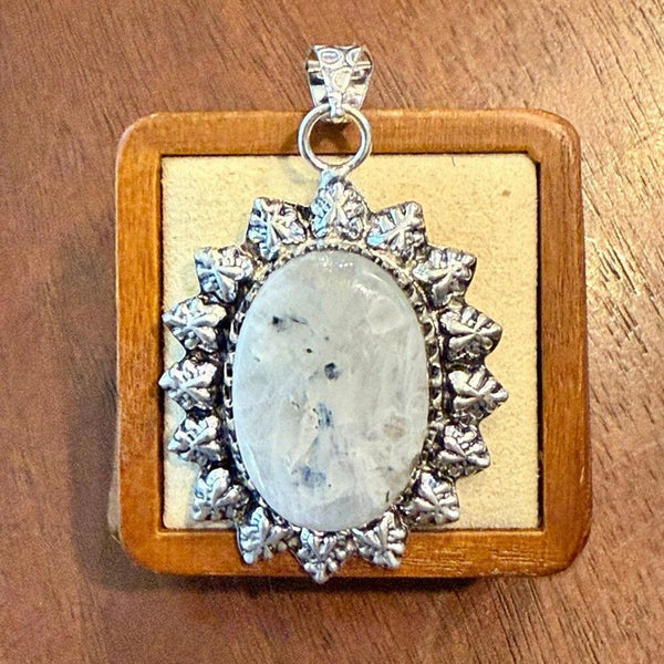 Boho Moonstone Gemstone Oval Pendant SilverVintage Style – Artisan Necklace New
