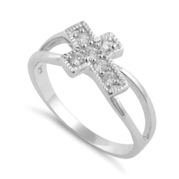 Sterling Silver Sideway Cross CZ Ring Size 6 New