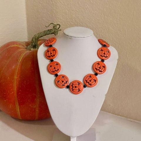 Trendy Orange Dyed Jack O Lantern Stone Beaded Necklace
