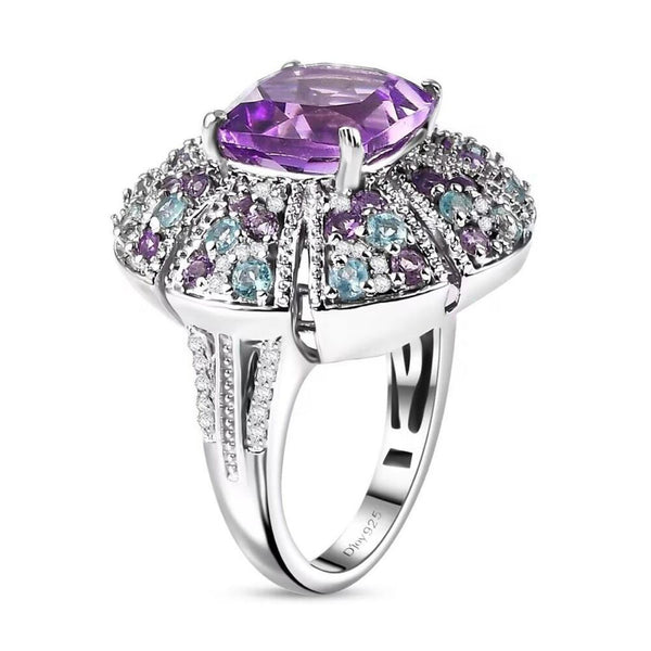 Amethyst Moissanite Multi Gemstone 5.85 ctw Floral Ring Sterling Silver Size 7