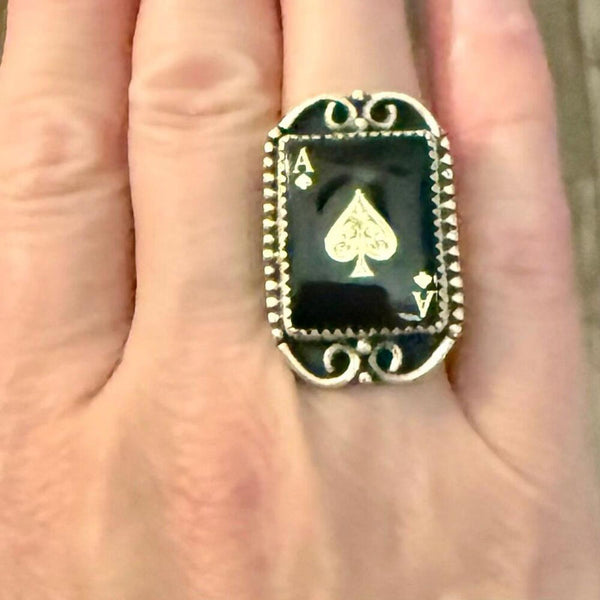 Ace of Spades Statement Ring Black Onyx & Silver Scrollwork, Playing Card Design