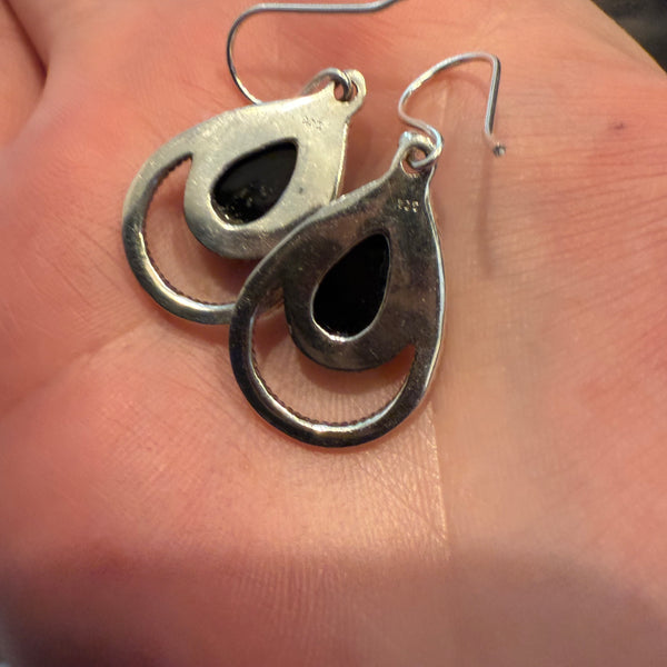 Southwestern Oval Framed Genuine Black Onyx 925 Sterling Silver Dangle Earrings