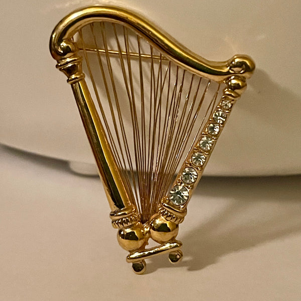 Gold Rhinestone Crystal Harp Brooch Womens Vintage Jacket Scarf Monet Pin