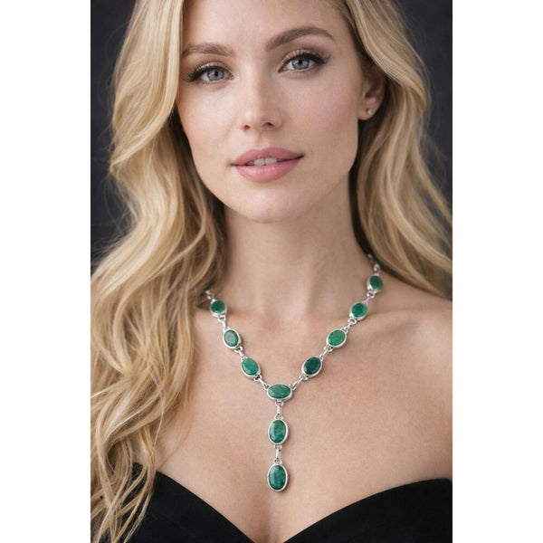 Stunning Faceted Emerald & Silver Adjustable Necklace Green Gemstone Jewelry New