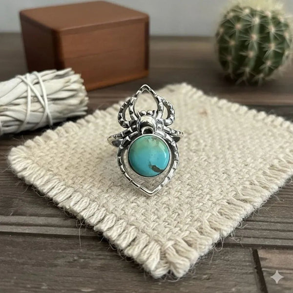 Round Turquoise Spider Boho Ring Sterling Silver Southwestern Sz 6