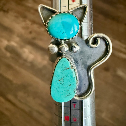 Kingman Turquoise Cat Adjustable Ring Artisan Handmade Sterling Silver New