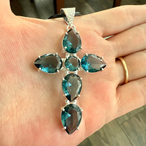 London Blue Topaz CZ Cross Necklace Pendant Large Faceted Teardrop New