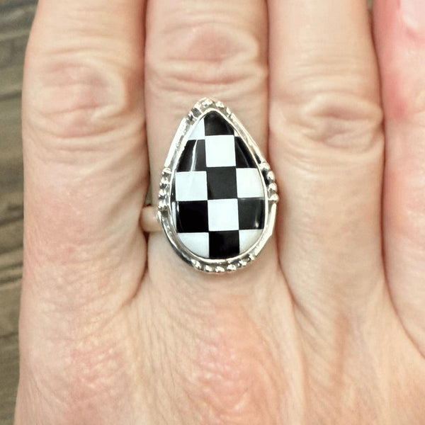 Trendy Southwest Onyx Checkerboard Sterling Silver Ring 8