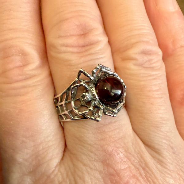 Baltic Cherry Amber 925 Sterling Silver Adjustable Spider Web Ring Boho New