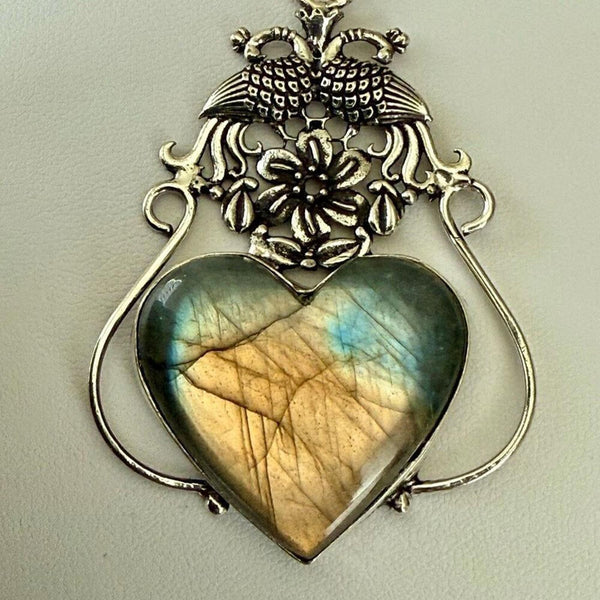 Stunning Heart Labradorite Pendant Statement Necklace Unique Peacock Framed