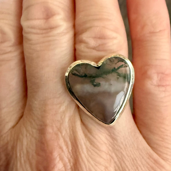 Stunning Heart Agate Sterling Silver Statement Ring Size 6 Large New