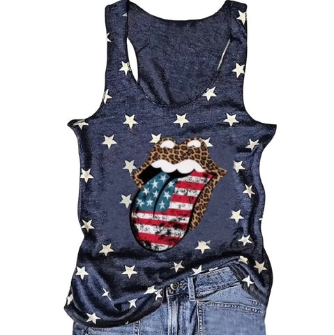 American Flag Leopard Lips Tank Top Womens Casual 4th Of July Summer Top XL New