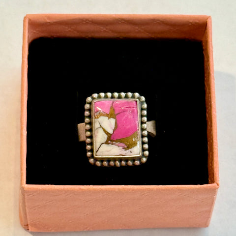 Unique Cotton Candy Turquoise Rectangular Ring Adjustable Sterling Silver Framed