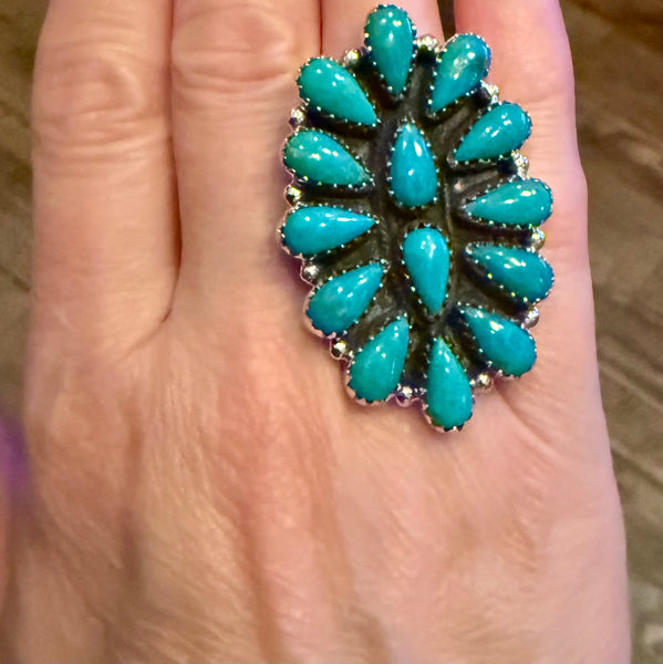 Kingman Turquoise 925 Sterling Silver Ring Statement Southwestern Cluster Size 6
