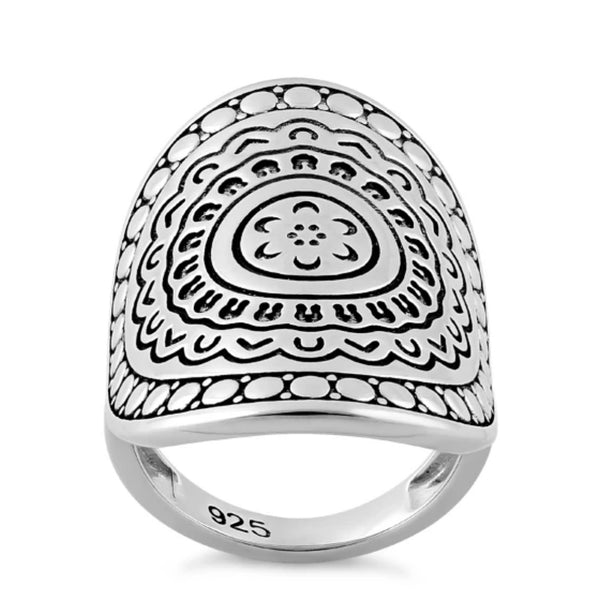 Solid 925 Sterling Silver Boho Floral Enchanted Shield Ring Size 6 New