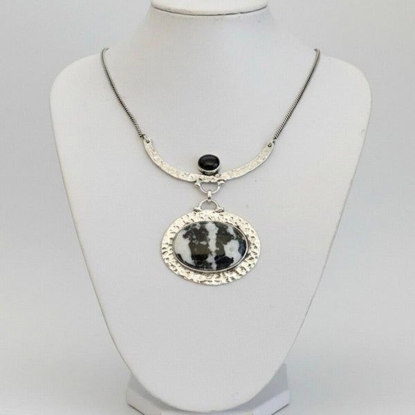 White Buffalo Turquoise & Black Onyx Statement Hammered Necklace Boho Western