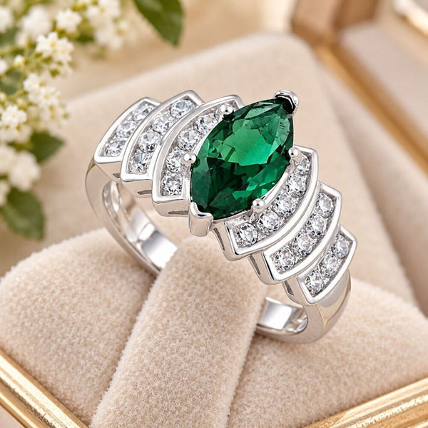 925 Sterling Silver Emerald Green Marquise Cut CZ Statement Cocktail Ring Size 6