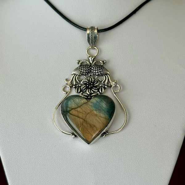 Stunning Heart Labradorite Pendant Statement Necklace Unique Peacock Framed
