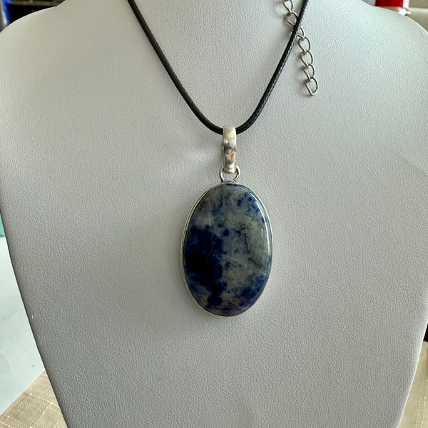 Sodalite Blue Marbled Gemstone Large Oval Pendant Adjustable Necklace